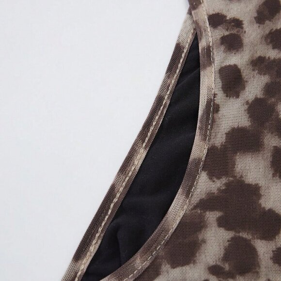 Multicolor Casual Women's Leopard Print Oblique Shoulder Bodysuit - Picture 3 of 7